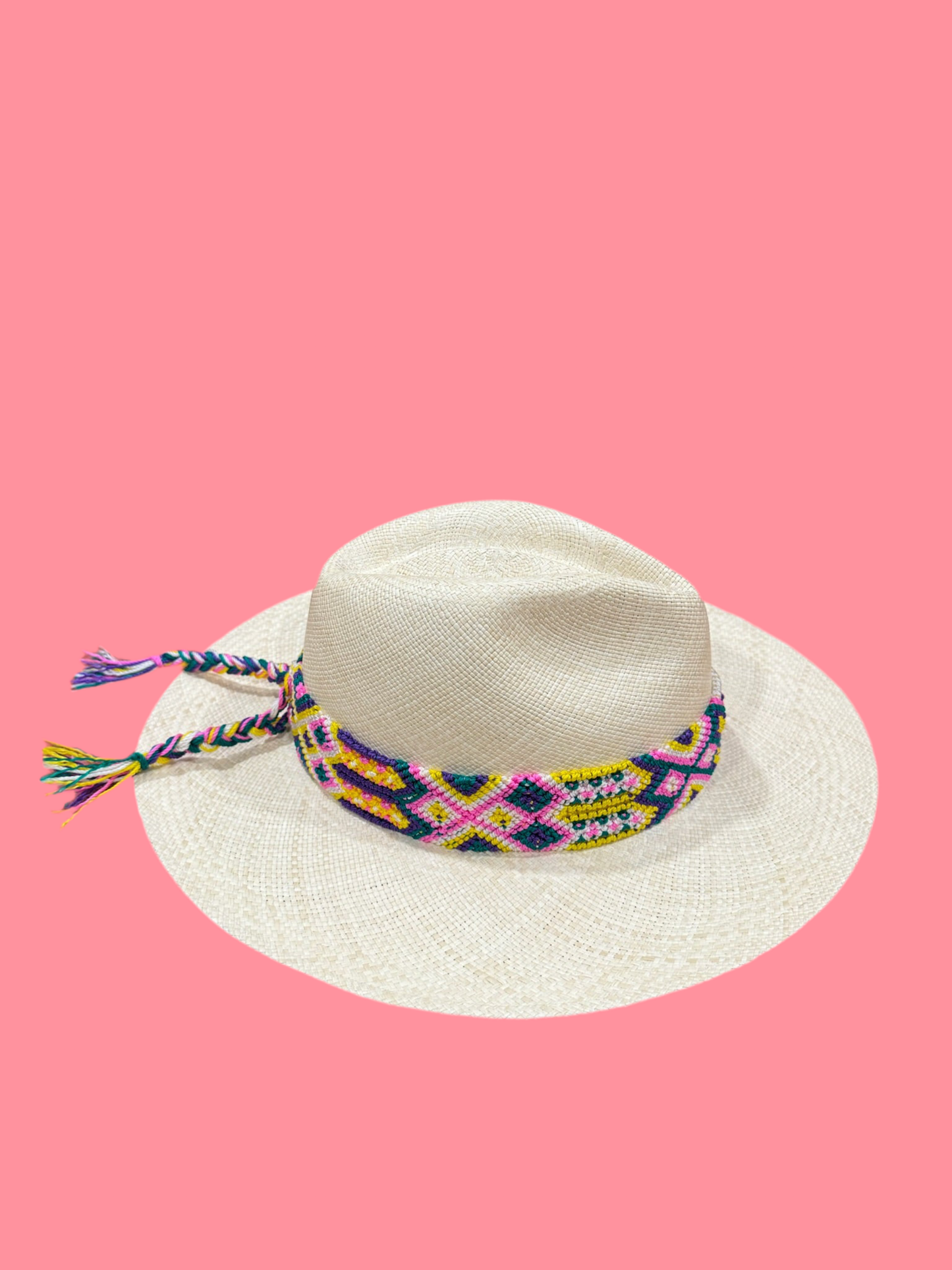 1:1 Panama Pink Blue & Yellow handwoven hat & band