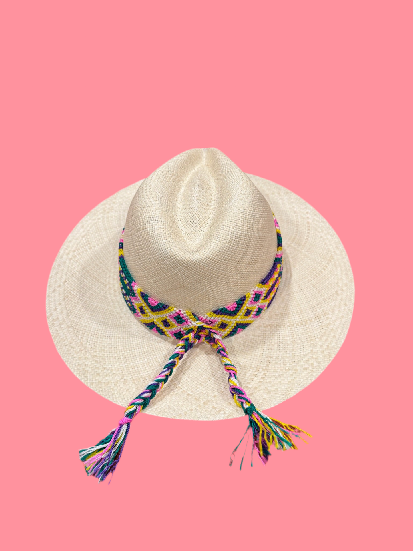 1:1 Panama Pink Blue & Yellow handwoven hat & band