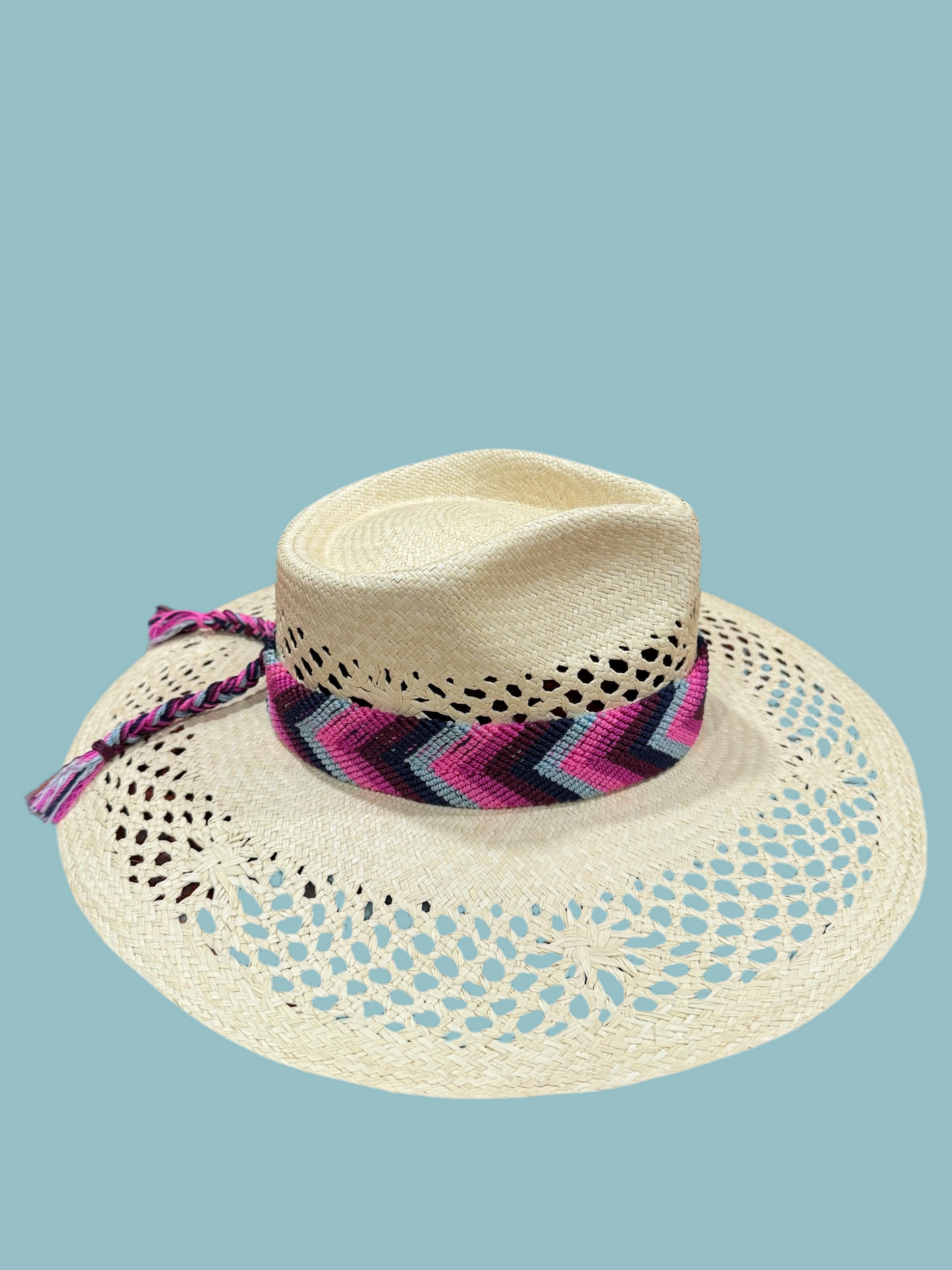 1:1 Floral Panama Pink Bordeaux and Baby Blue handwoven hat & band