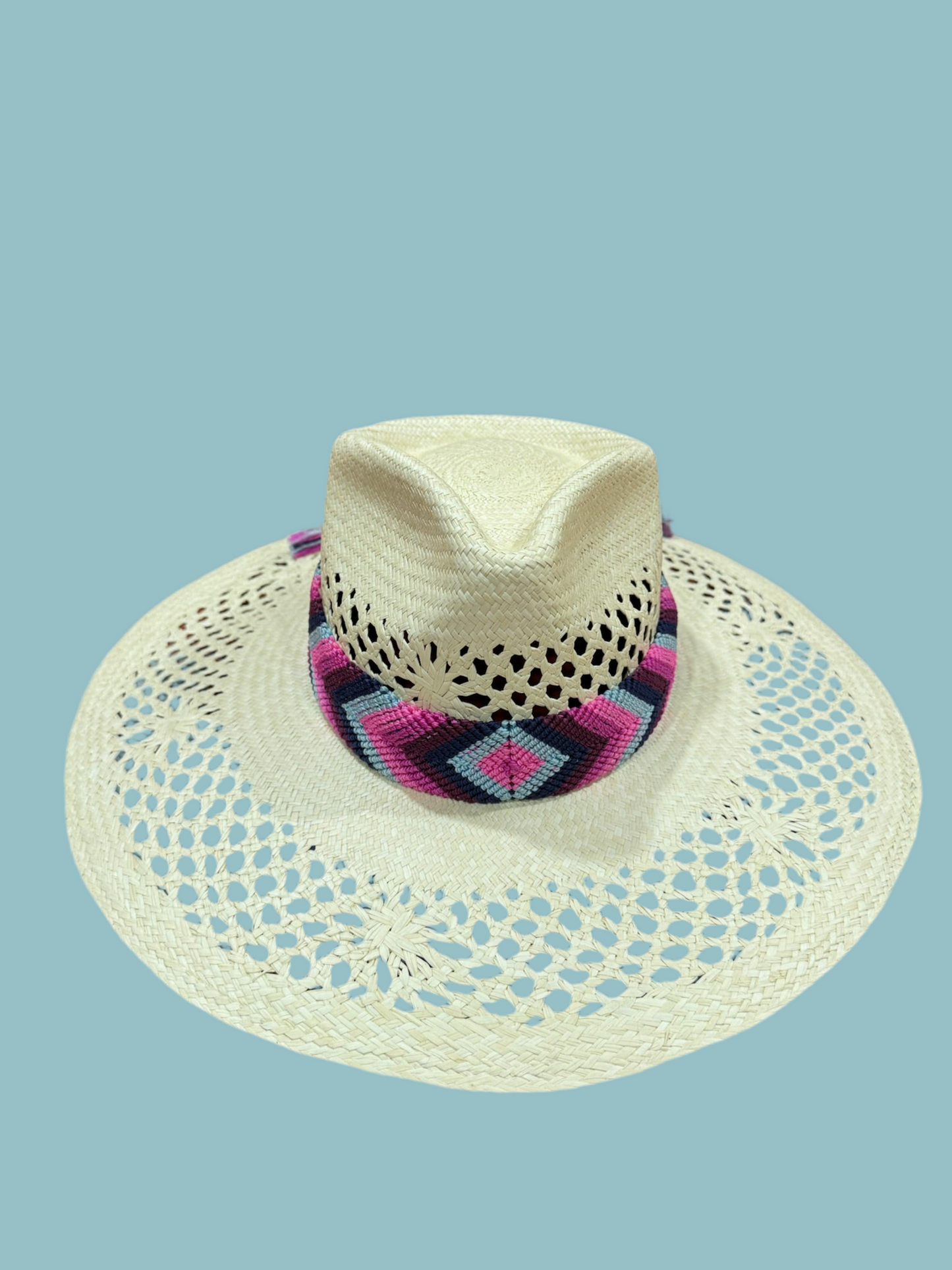 1:1 Floral Panama Pink Bordeaux and Baby Blue handwoven hat & band